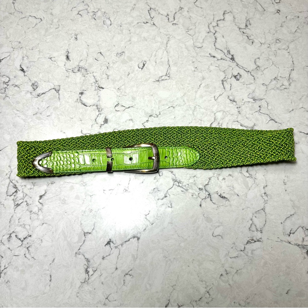 Olga Santini Green Leather and Fabric 37" Belt Woven Braided Silver Buckle